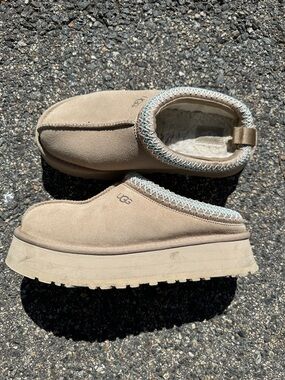 UGG Tan Suede Platform Mule Clogs with Shearling Trim